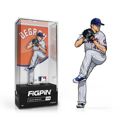 A FiGPiN MLB Jacob deGrom collectible figure in its display case.