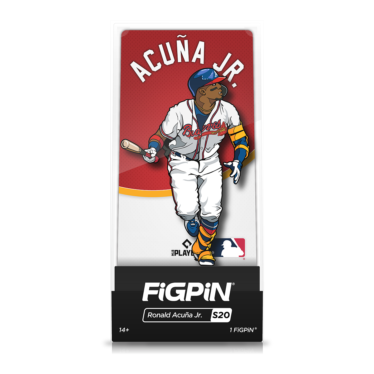 A FiGPiN collectible of Ronald Acuña Jr. in his Atlanta Braves uniform, holding a baseball bat.