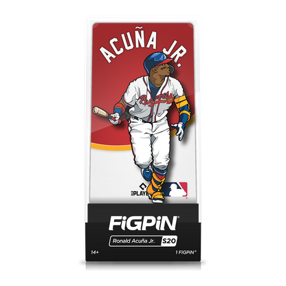 A FiGPiN collectible of Ronald Acuña Jr. in his Atlanta Braves uniform, holding a baseball bat.