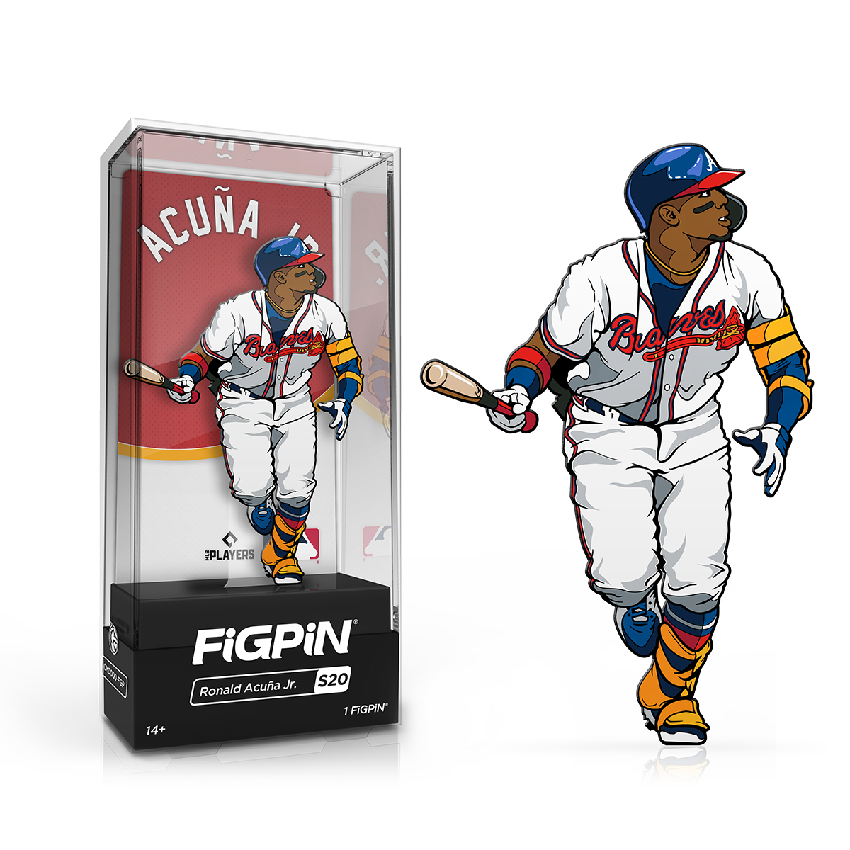A FiGPiN collectible of Ronald Acuna Jr. in his Atlanta Braves uniform, holding a baseball bat. Brand: FiGPiN, Item: MLB Ronald Acuna Jr.