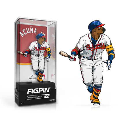 A FiGPiN collectible of Ronald Acuna Jr. in his Atlanta Braves uniform, holding a baseball bat. Brand: FiGPiN, Item: MLB Ronald Acuna Jr.