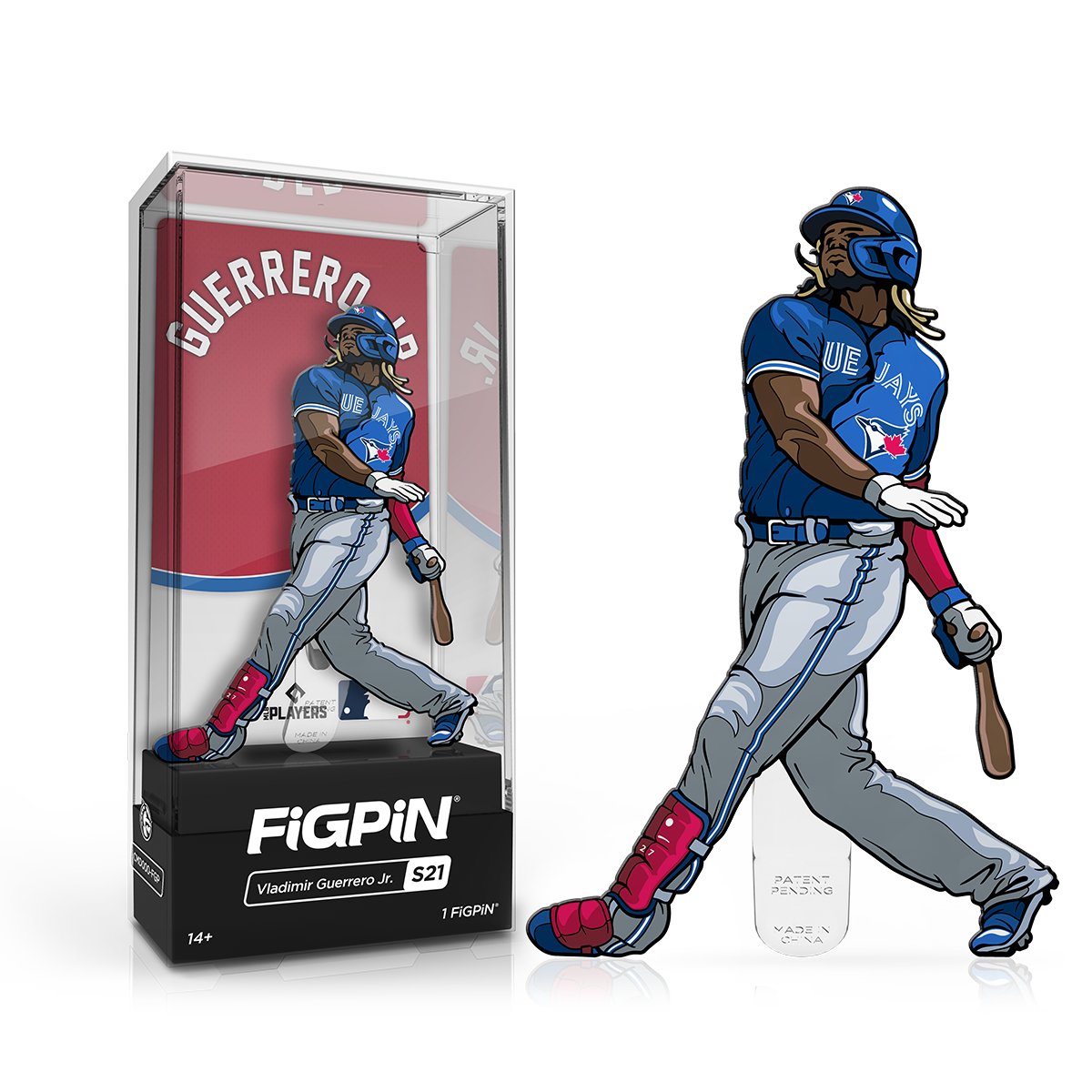 A blue and gray FiGPiN collectible of Vladimir Guerrero Jr. in his Toronto Blue Jays uniform, swinging a baseball bat. Brand: FiGPiN, Item: MLB Vladimir Guerrero Jr.