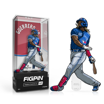 A blue and gray FiGPiN collectible of Vladimir Guerrero Jr. in his Toronto Blue Jays uniform, swinging a baseball bat. Brand: FiGPiN, Item: MLB Vladimir Guerrero Jr.