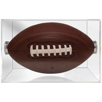 A brown football in a clear display case with UV block. Brand: nan, Item: Football Clear Display with UV Block.
