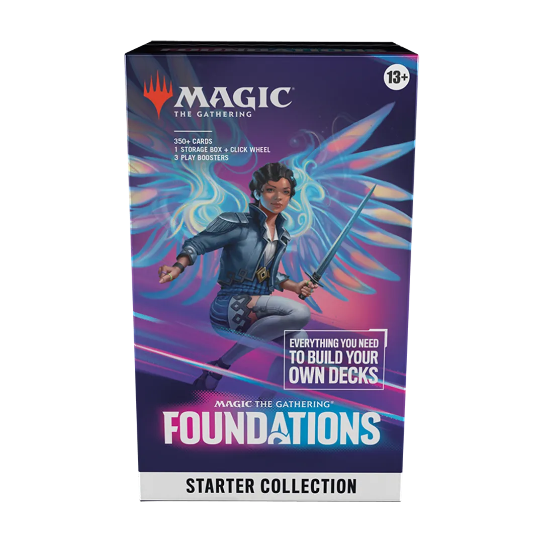A sealed Magic: The Gathering box featuring artwork of a woman with wings holding a sword. Publisher: Magic: The Gathering, Game: Magic: The Gathering, Set: Foundations (Shortcode)