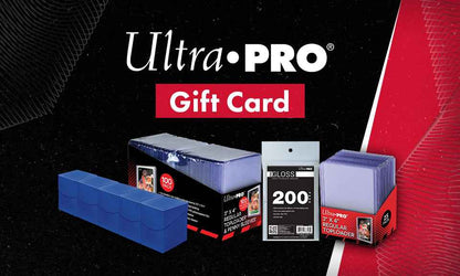 A black and red graphic advertising an Ultra PRO Gift Card, featuring various Ultra PRO card protection products like toploaders and sleeves.