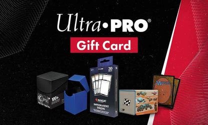 A black and red graphic advertising the Ultra PRO Gift Card, featuring various Magic: The Gathering accessories like deck boxes and token cards.