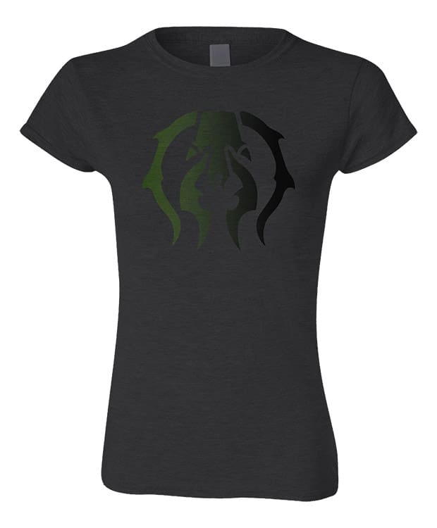 A dark gray women's t-shirt featuring the Golgari guild symbol from Magic: The Gathering. Brand: MTG PRO Shop, Item: Guild Symbol Women's Golgari T-shirt for Magic: The Gathering