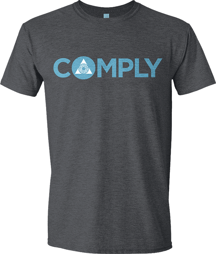 A dark grey Guild Word Azorius COMPLY Unisex T-shirt. Brand: MTG PRO Shop, Item: Guild Word Azorius COMPLY Unisex T-shirt for Magic: The Gathering