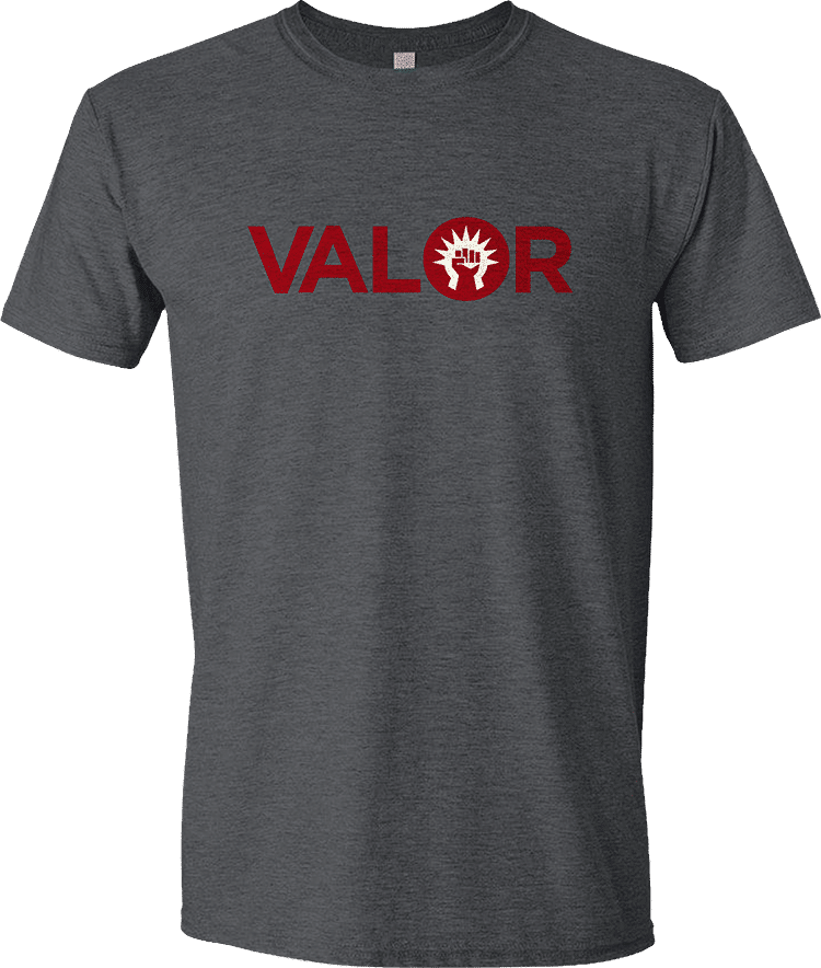 A charcoal grey men's t-shirt with the Guild Word Boros VALOR logo in red. Brand: MTG PRO Shop, Item: Guild Word Boros VALOR Men's T-Shirt for Magic: The Gathering