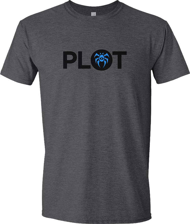 A Dark Grey T-shirt with the "PLOT" logo and a blue spider-like symbol. Brand: MTG PRO Shop, Item: Guild Word Dimir PLOT T-shirt for Magic: The Gathering