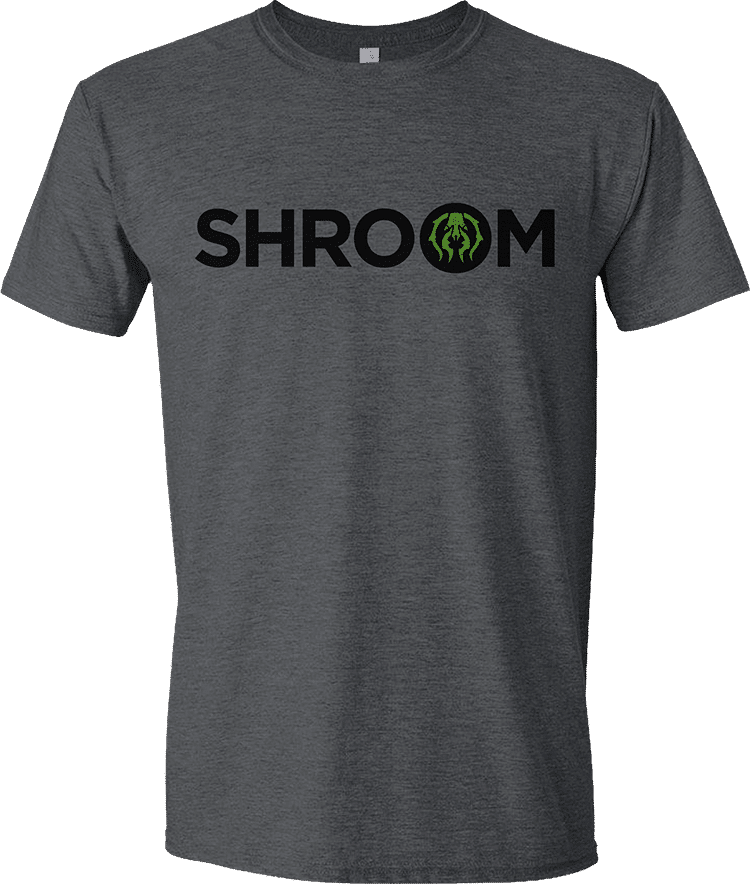 A charcoal grey t-shirt with the "SHROOM" logo in black and green. Brand: MTG PRO Shop, Item: Guild Word Golgari SHROOM Unisex T-shirt for Magic: The Gathering