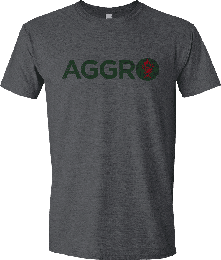 A Dark Gray T-shirt with the Guild Word Gruul AGGRO logo. Brand: MTG PRO Shop, Item: Guild Word Gruul AGGRO T-shirt for Magic: The Gathering