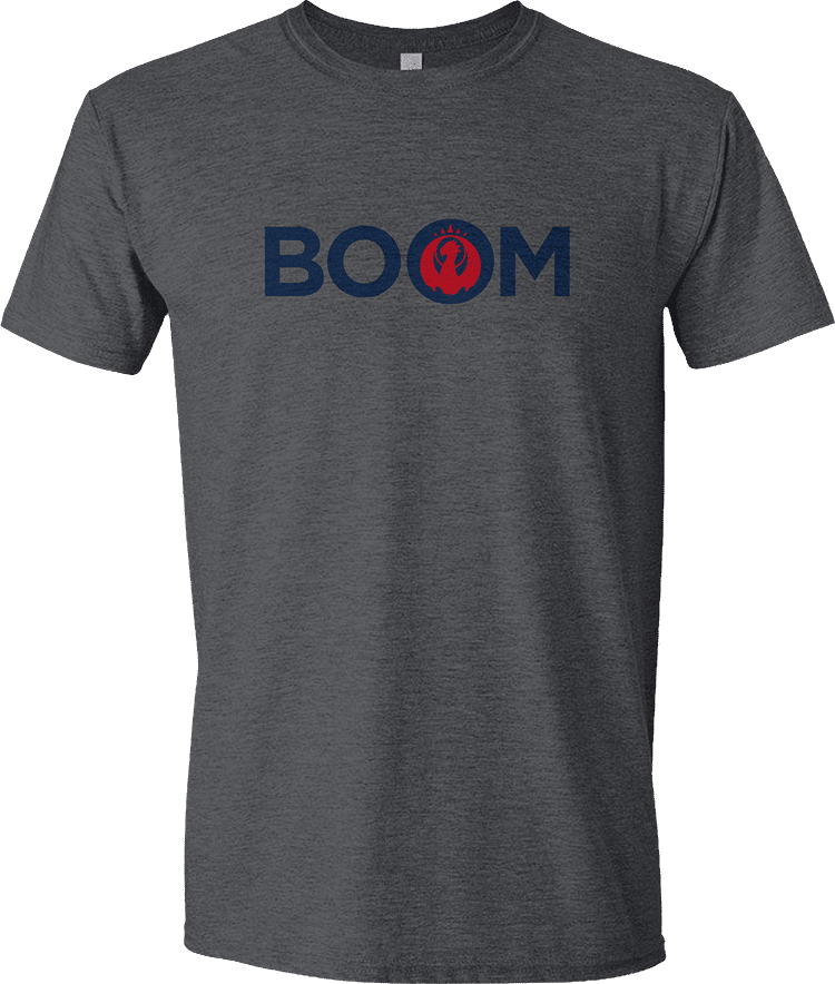 A dark gray Guild Word Izzet BOOM Unisex T-shirt. Brand: MTG PRO Shop, Item: Guild Word Izzet BOOM Unisex T-shirt for Magic: The Gathering