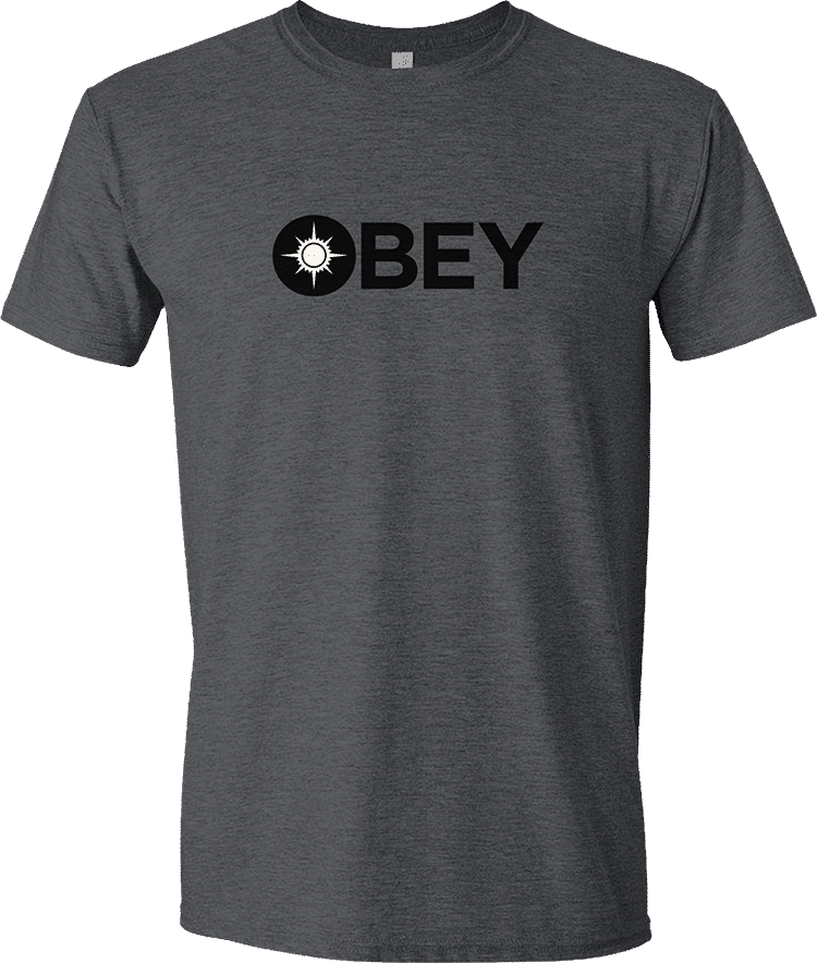 A charcoal grey unisex t-shirt with the Orzhov OBEY logo. Brand: MTG PRO Shop, Item: Guild Word Orzhov OBEY Unisex T-shirt for Magic: The Gathering