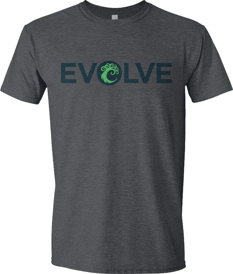 A dark gray Unisex T-shirt with the word EVOLVE in gray text and a green Simic guild symbol. Brand: MTG PRO Shop, Item: Guild Word Simic EVOLVE Unisex T-shirt for Magic: The Gathering