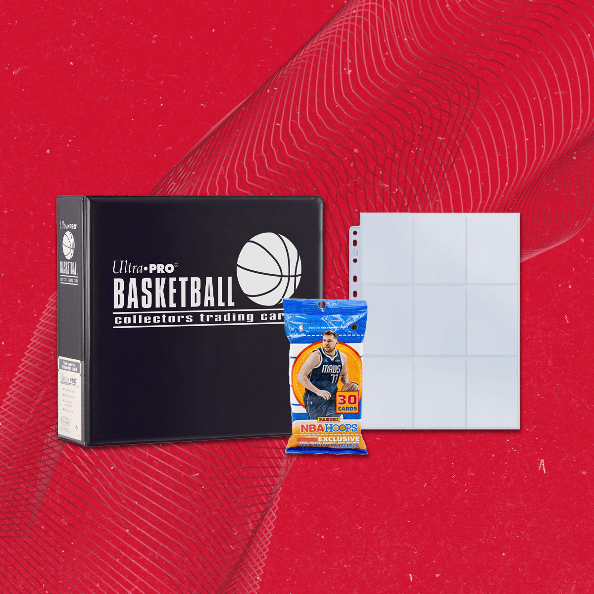A black Ultra PRO Basketball collector's trading card binder with a pack of Panini NBA Hoops cards and a 9-pocket page protector.