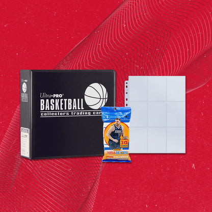 A black Ultra PRO Basketball collector's trading card binder with a pack of Panini NBA Hoops cards and a 9-pocket page protector.