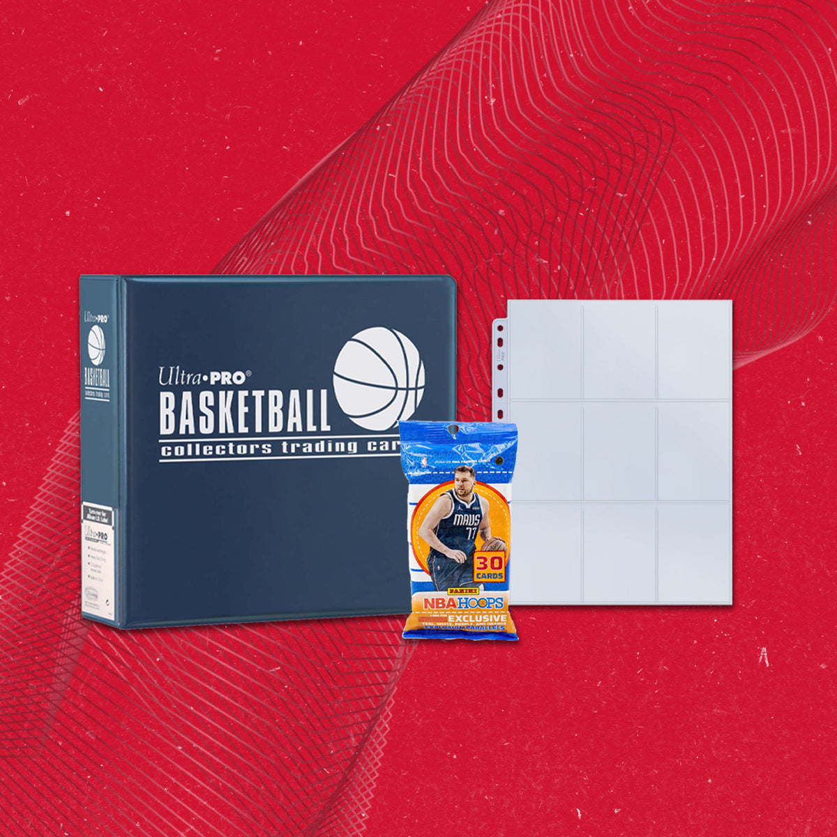 A blue Ultra PRO Basketball collectors trading card binder with a pack of NBA Hoops cards and a 9-pocket page protector.