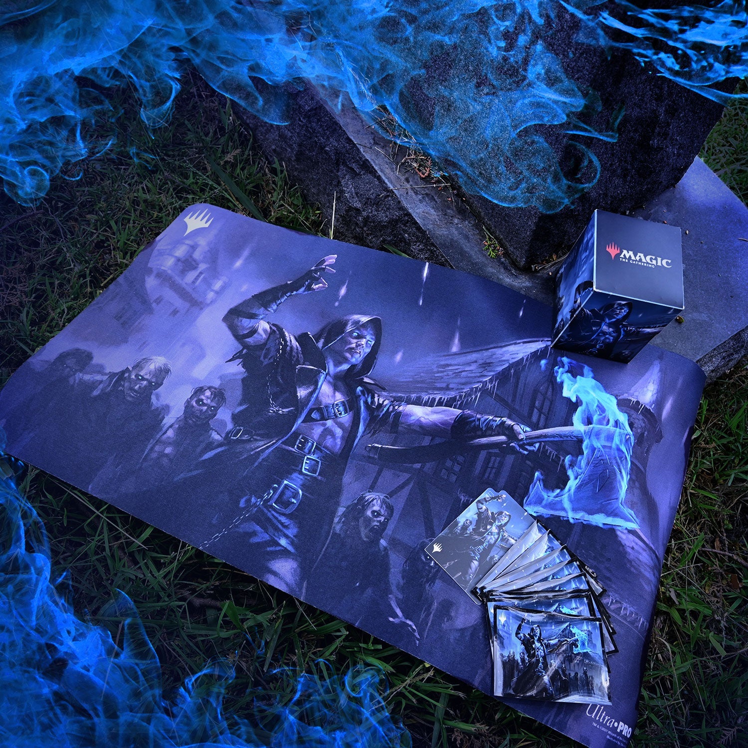 A blue Magic: The Gathering playmat and deck box featuring Wilhelt, the Rotcleaver and zombies. Brand: Ultra-Pro.