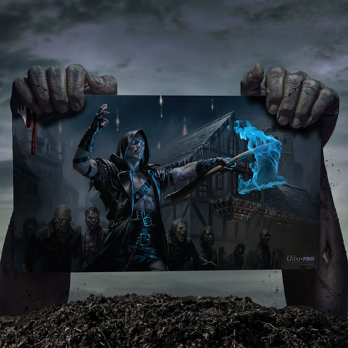 A dark fantasy Standard Gaming Playmat featuring Wilhelt the Rotcleaver from Magic: The Gathering's Innistrad: Midnight Hunt set, held by zombie hands.