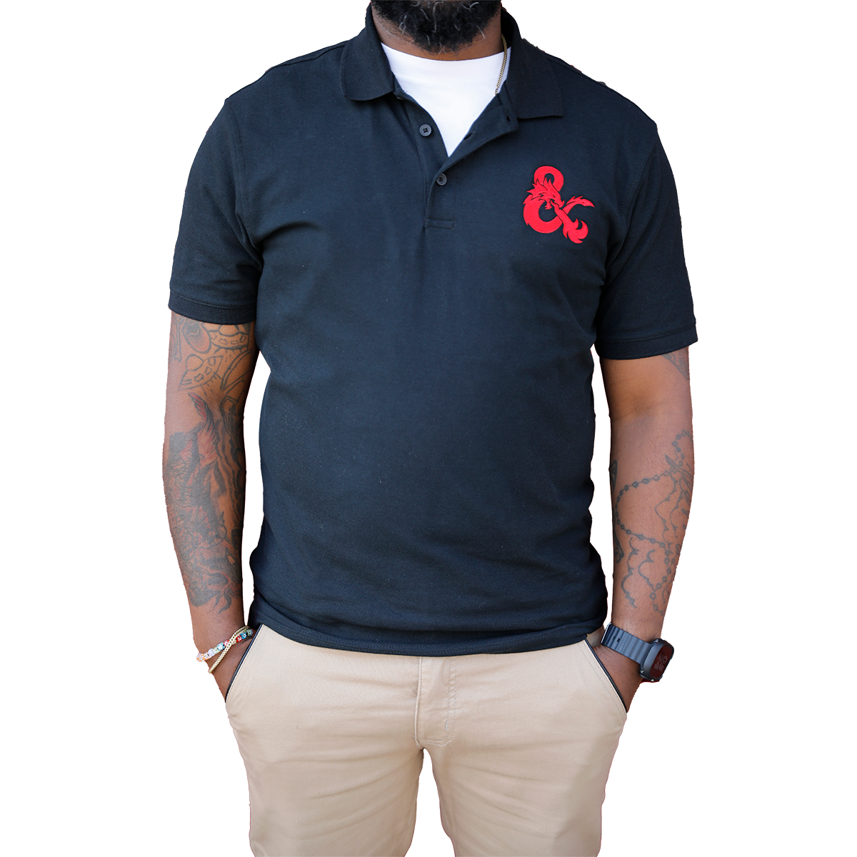 A Black Dungeons & Dragons Embroidered Polo Shirt with Red D&D Logo. Brand: Legion Supplies, Item: Dungeons & Dragons Embroidered Polo Shirt - Black with Red D&D Logo