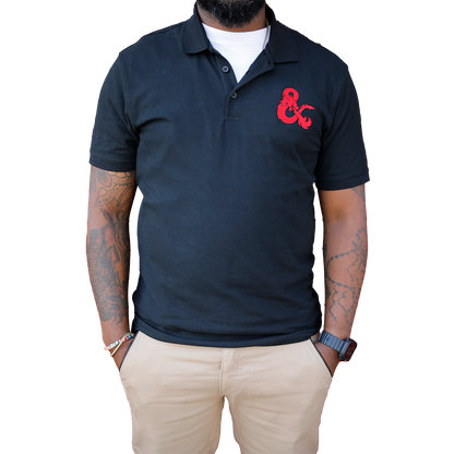 A Black Dungeons & Dragons Embroidered Polo Shirt with Red D&D Logo. Brand: Legion Supplies, Item: Dungeons & Dragons Embroidered Polo Shirt - Black with Red D&D Logo