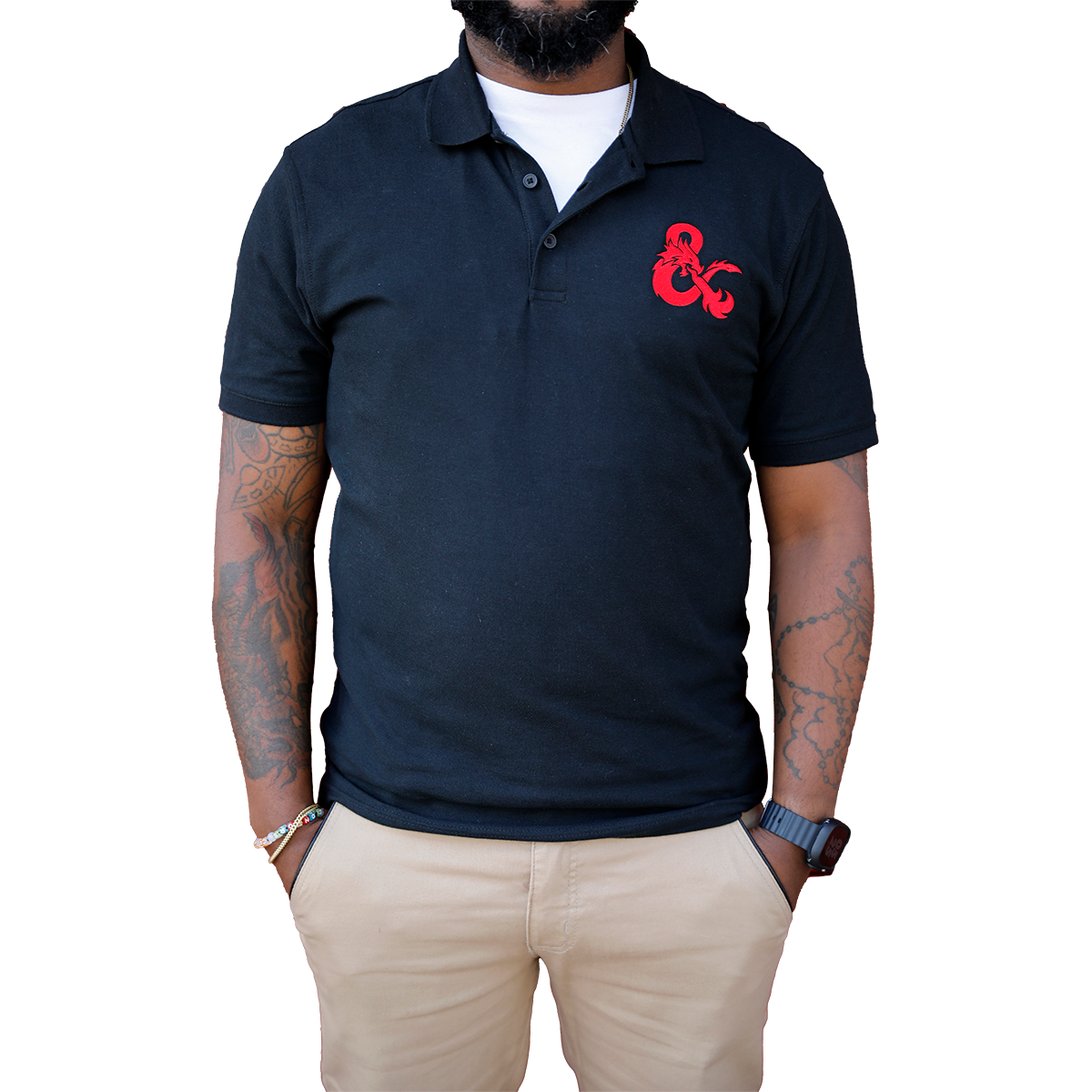 A Black Dungeons & Dragons Embroidered Polo Shirt with a Red D&D Logo. Brand: Legion Supplies, Item: Dungeons & Dragons Embroidered Polo Shirt - Black with Red D&D Logo.