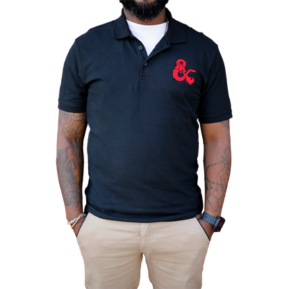 A Black Dungeons & Dragons Embroidered Polo Shirt with a Red D&D Logo. Brand: Legion Supplies, Item: Dungeons & Dragons Embroidered Polo Shirt - Black with Red D&D Logo.