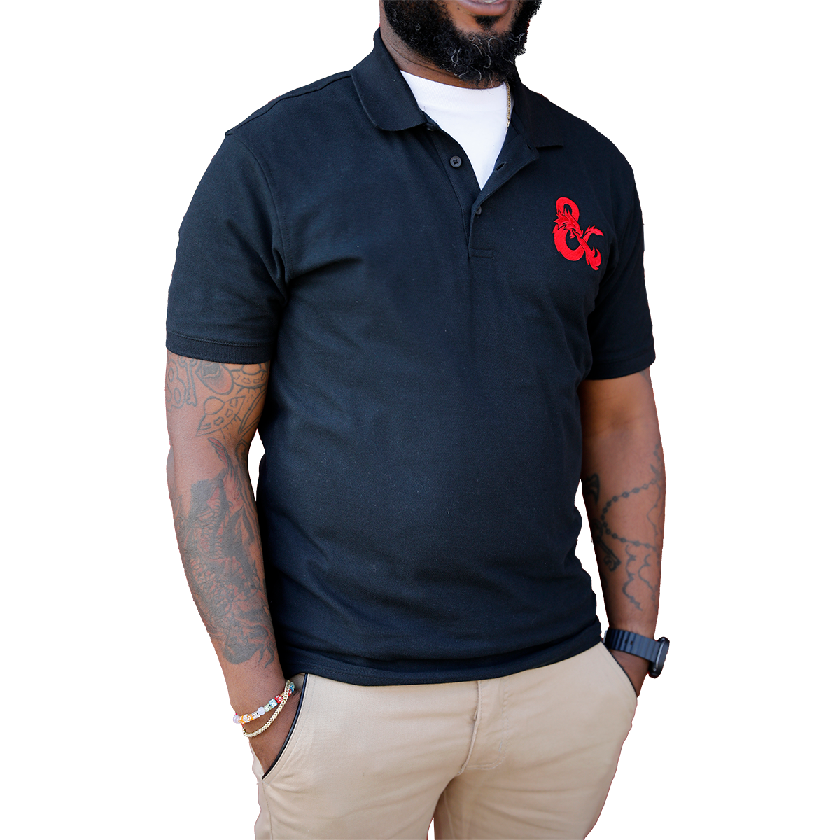 A Black Dungeons & Dragons Embroidered Polo Shirt with Red D&D Logo. Brand: Legion Supplies, Item: Dungeons & Dragons Embroidered Polo Shirt - Black with Red D&D Logo.