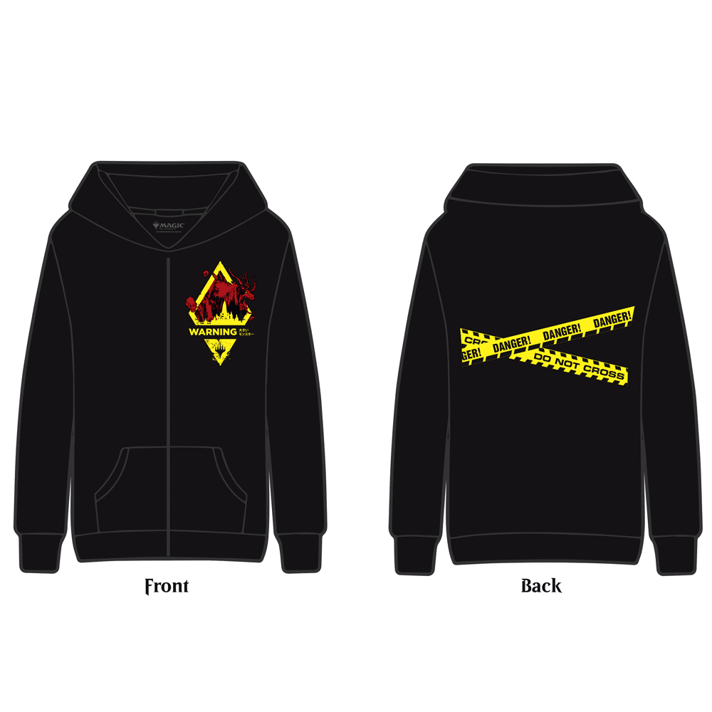 A black Magic: The Gathering Ikoria Danger zip-up hoodie. Brand: MTG PRO Shop, Item: Ikoria Danger Hoodie.
