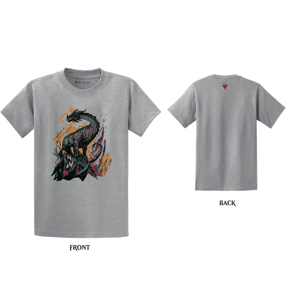 A heather grey short-sleeve t-shirt featuring the Ikoria Cloudpiercer dragon artwork from Magic: The Gathering. Brand: MTG PRO Shop, Item: Ikoria Cloudpiercer T-shirt for Magic: The Gathering