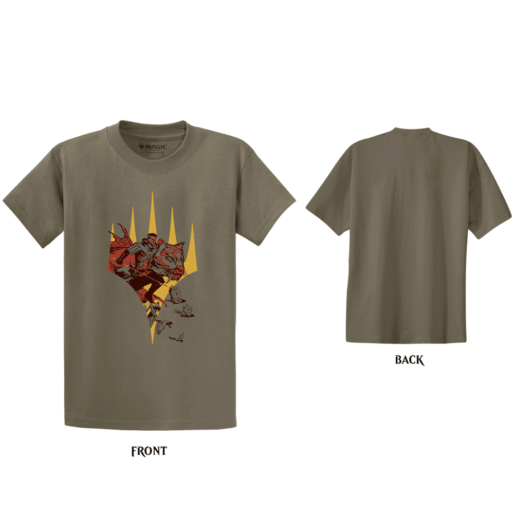 A Khaki Short-Sleeve T-shirt featuring Lukka, Coppercoat Outcast from Magic: The Gathering. Brand: MTG PRO Shop, Item: Ikoria Lukka, Coppercoat Outcast T-shirt.
