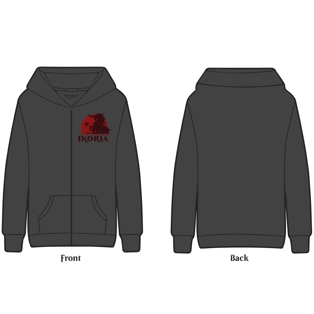 A dark gray zip-up hoodie featuring the Ikoria logo and monster silhouette from Magic: The Gathering. Brand: MTG PRO Shop, Item: Ikoria Monster Hoodie for Magic: The Gathering