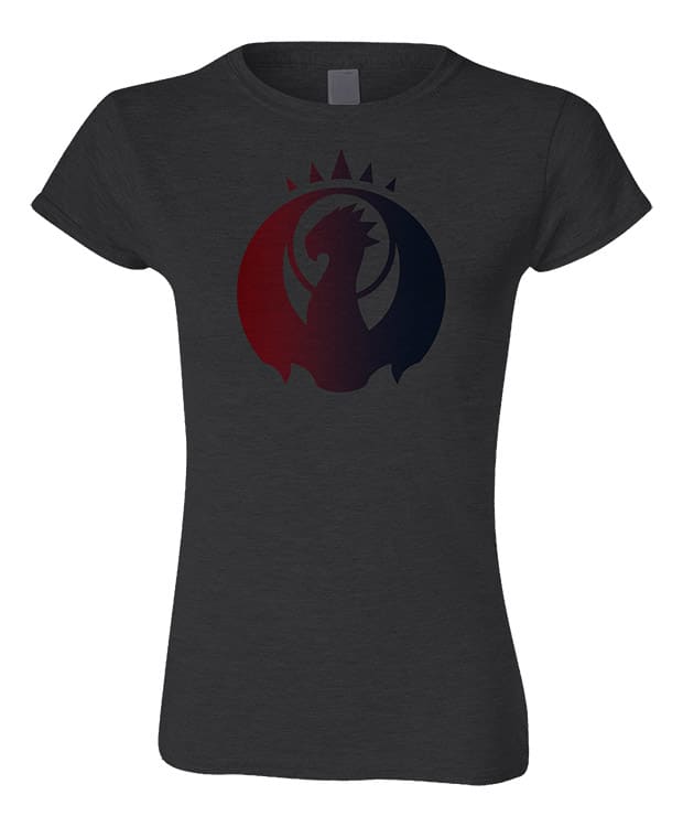 A dark grey women's t-shirt featuring the Izzet League guild symbol from Magic: The Gathering. Brand: MTG PRO Shop, Item: Guild Symbol Women's Izzet T-Shirt for Magic: The Gathering