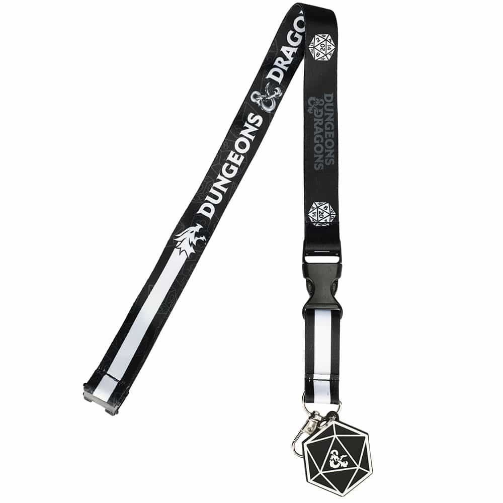 A black and white Dungeons & Dragons lanyard with a D20 die charm. Brand: Dungeons & Dragons, Item: Dungeons & Dragons Black and White Lanyard.