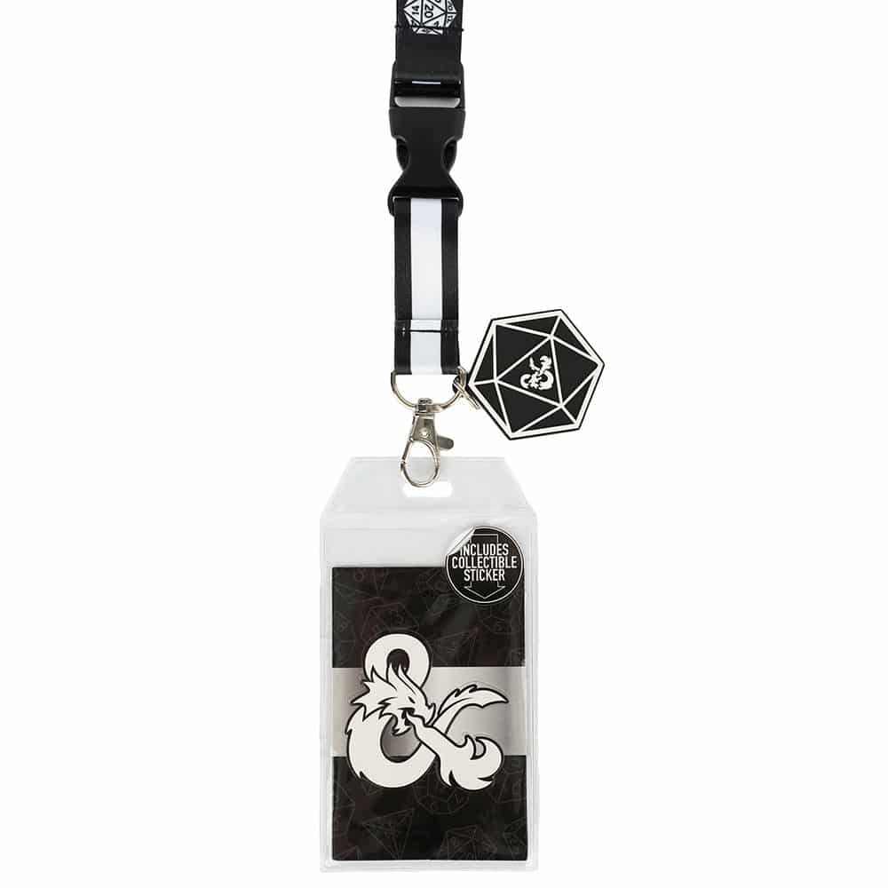 A black and white Dungeons & Dragons lanyard with a D20 charm and ID holder. Brand: MTG PRO Shop, Item: Dungeons & Dragons Black and White Lanyard.