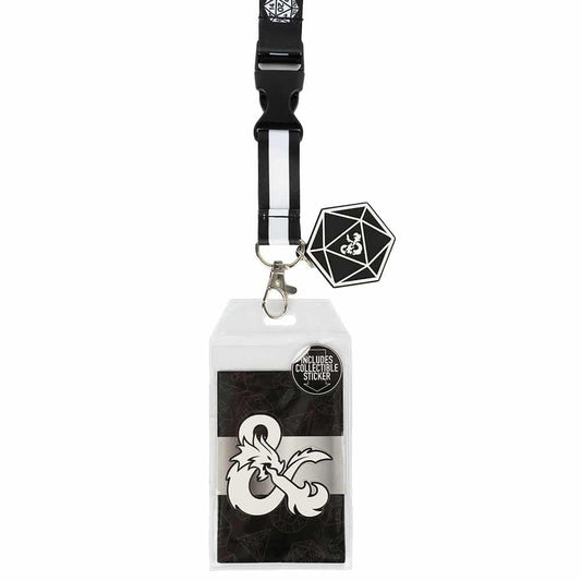 A black and white Dungeons & Dragons lanyard with a D20 charm and ID holder. Brand: MTG PRO Shop, Item: Dungeons & Dragons Black and White Lanyard.
