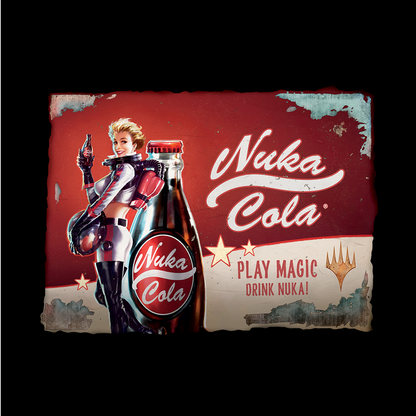 A vintage-style Fallout Nuka-Cola advertisement featuring a pin-up girl holding a bottle and a large Nuka-Cola bottle. Brand: MTG Pro Shop, Item: Fallout® Nuka-Cola Printed Graphic Tee for Magic: The Gathering