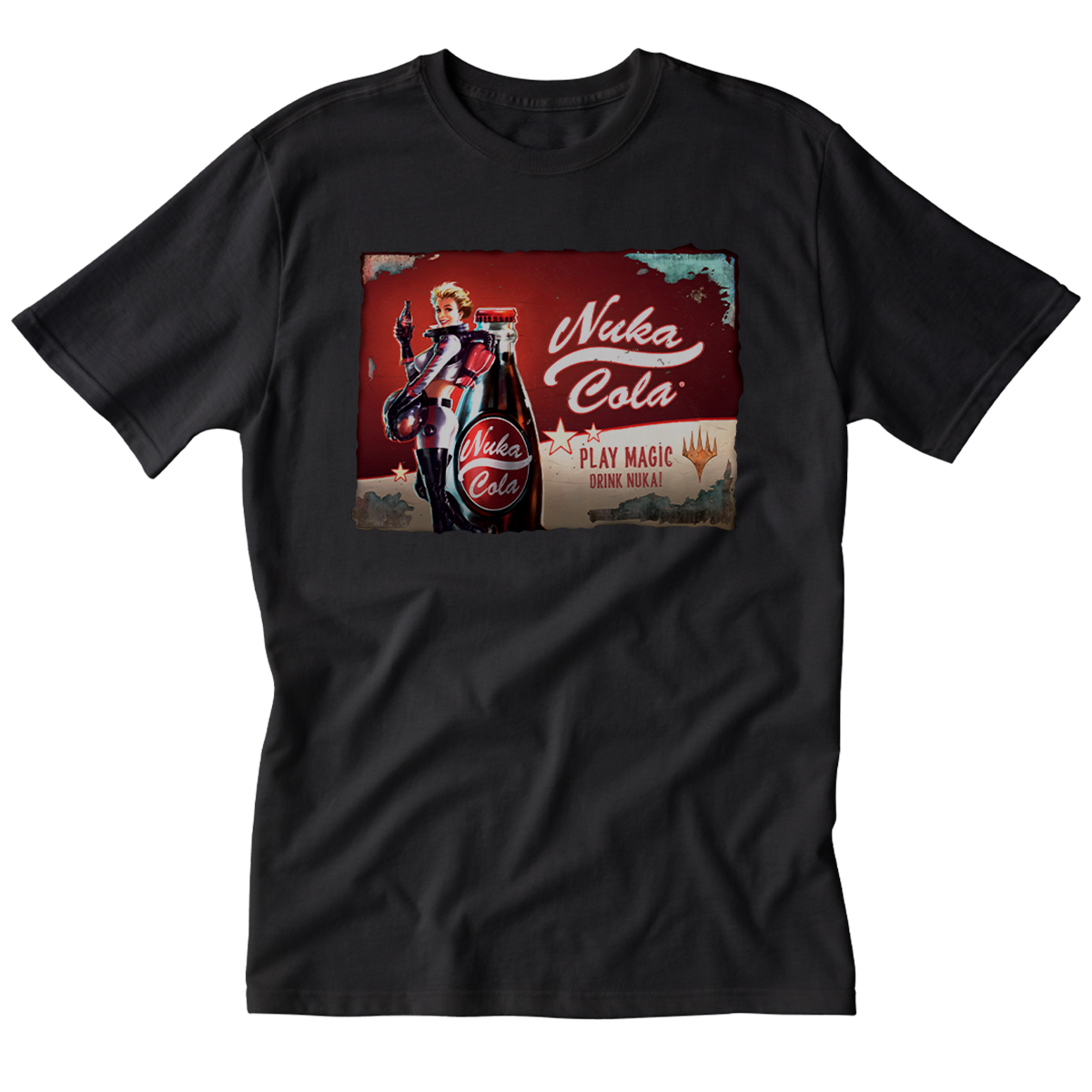 A black Fallout Nuka-Cola graphic t-shirt. Brand: MTG Pro Shop, Item: Fallout® Nuka-Cola Printed Graphic Tee for Magic: The Gathering