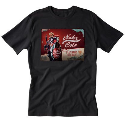 A black Fallout Nuka-Cola graphic t-shirt. Brand: MTG Pro Shop, Item: Fallout® Nuka-Cola Printed Graphic Tee for Magic: The Gathering
