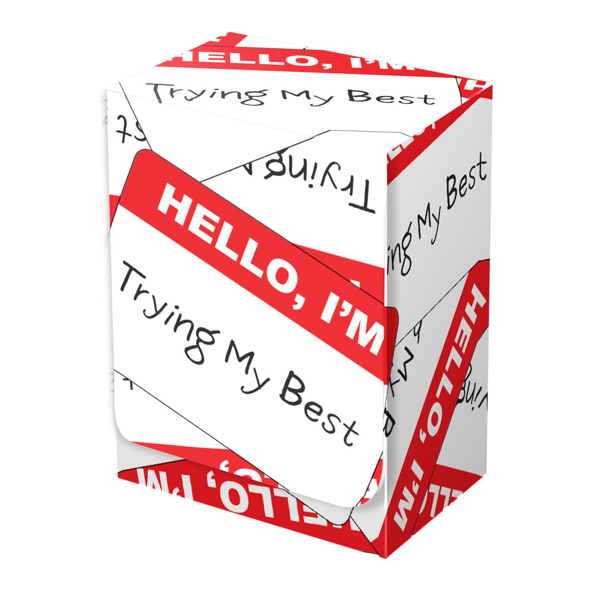 A white and red "I'm Trying My Best" card box. Brand: Legion Supplies, Item: I’m Trying - Card Box.