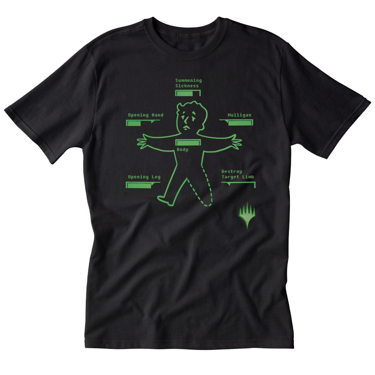 A black Fallout® Inventory Management Printed Graphic Tee for Magic: The Gathering. Brand: MTG Pro Shop, Item: Fallout® Inventory Management Printed Graphic Tee for Magic: The Gathering.