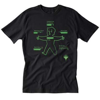 A black Fallout® Inventory Management Printed Graphic Tee for Magic: The Gathering. Brand: MTG Pro Shop, Item: Fallout® Inventory Management Printed Graphic Tee for Magic: The Gathering.