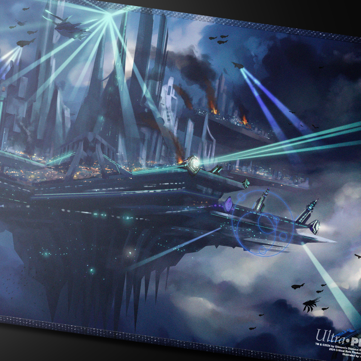 A dark blue and teal futuristic city with flying ships and beams of light. A large flying city dominates the foreground with smaller ships in the sky and explosions in the background. Ultra PRO logo is visible in the bottom right corner.