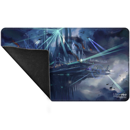 A rectangular playmat featuring the Flying City of Aeor from Critical Role, with spaceships and beams of light. Brand: Ultra PRO.