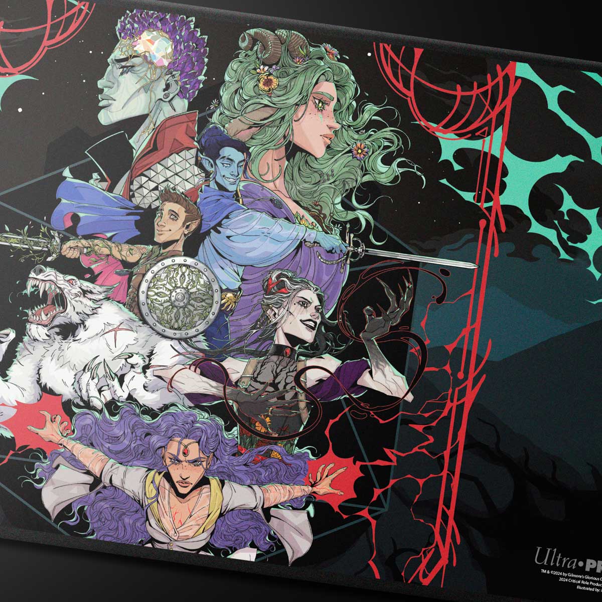 A black playmat featuring artwork from Critical Role's Bells Hells Live at The Greek Theatre, showing various characters and a white wolf.