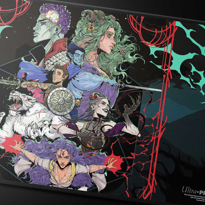 A black playmat featuring artwork from Critical Role's Bells Hells Live at The Greek Theatre, showing various characters and a white wolf.