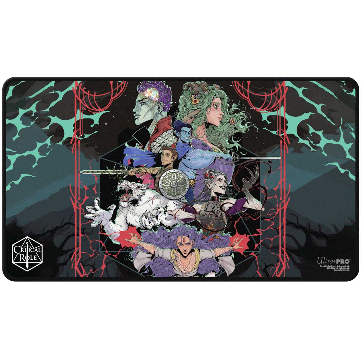 A black stitched edge playmat featuring the cast of Critical Role's Bells Hells. Brand: Ultra PRO, Item: Critical Role Black Stitched Edge Playmat - Bells Hells Live at The Greek Theatre.