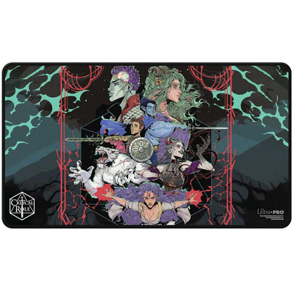 A black stitched edge playmat featuring the cast of Critical Role's Bells Hells. Brand: Ultra PRO, Item: Critical Role Black Stitched Edge Playmat - Bells Hells Live at The Greek Theatre.